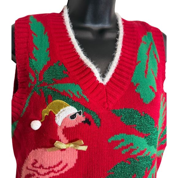 Major Label XS Red Christmas Flamingo Palm Tree Sweater Vest Holdiay Ugly EUC - Picture 2 of 10